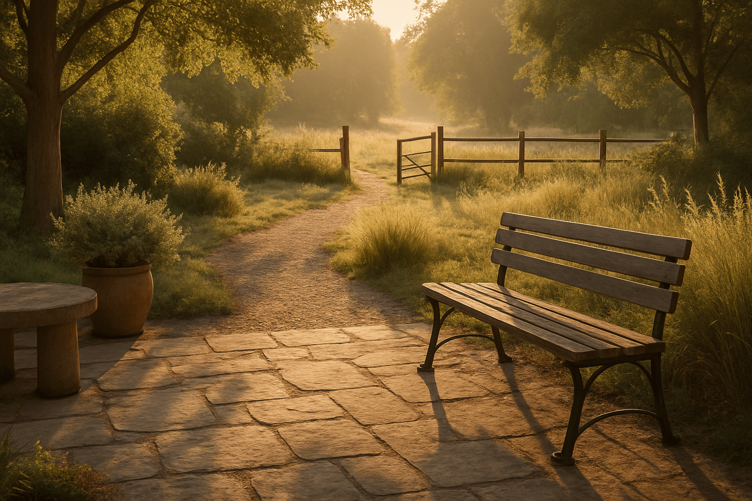 Sunlit landscape scene with warm morning sunlight atmosphere casting soft golden light and elongated shadows over natural surroundings