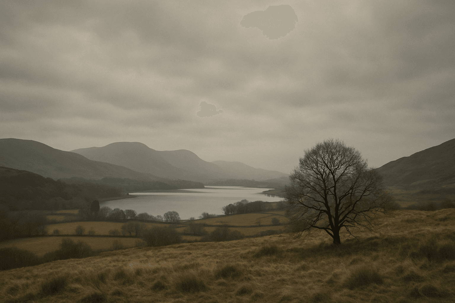 Softly lit landscape under an overcast sky with muted colors and gentle shadows