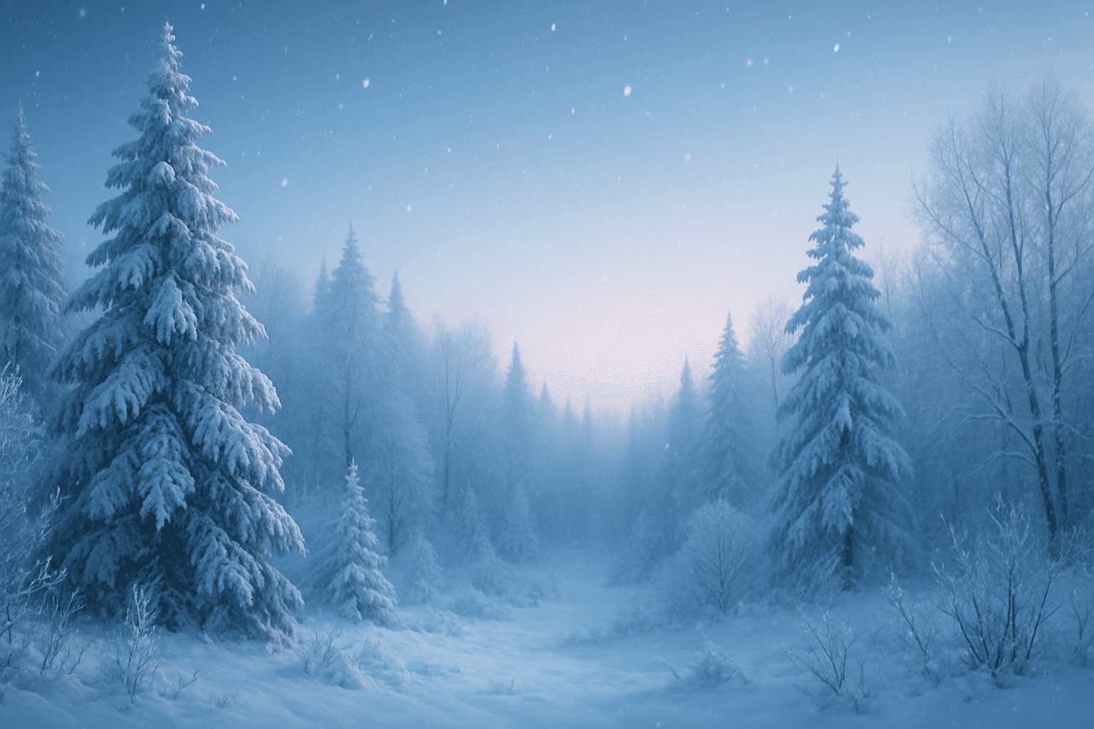 Winter landscape featuring frost-covered trees and soft blue light evoking a crisp winter chill atmosphere